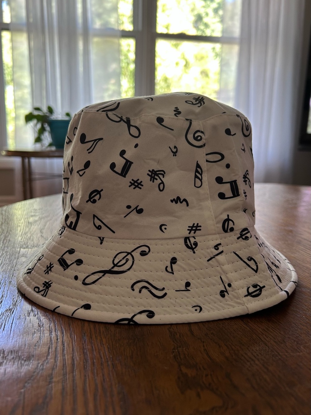 Music Note Bucket Hat - White with Black Print- Reversible to Solid Black